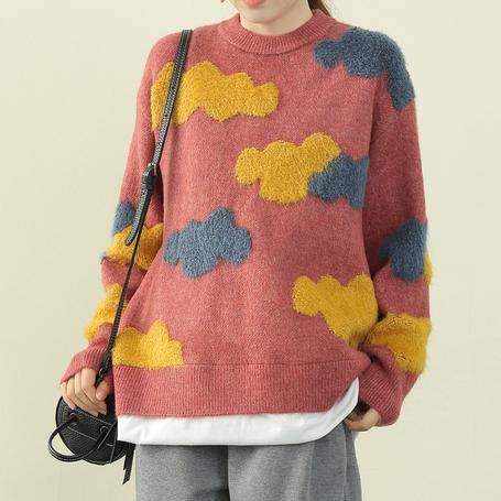 Aesthetic Red Cloud Knit Sweaters O Neck False Two Pieces Knit Blouse