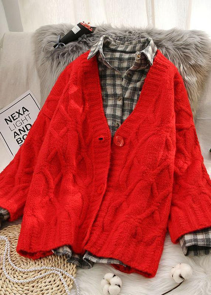 Aesthetic Red Knitted Cardigans V Neck Long Sleeve Sweaters