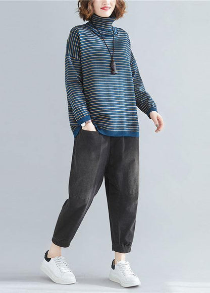 Aesthetic Spring Blue Striped Knit Tops Clothing High Neck Clothes for