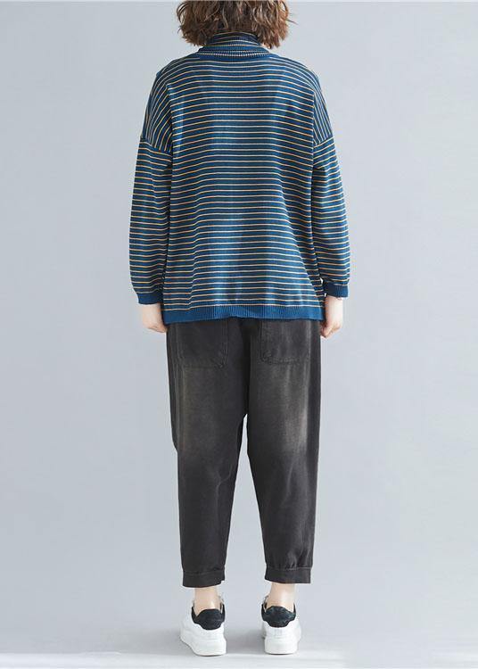 Aesthetic Spring Blue Striped Knit Tops Clothing High Neck Clothes for