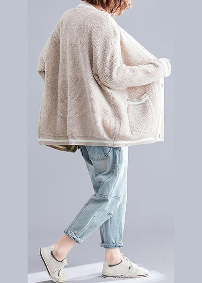 Aesthetic V Neck Beige Knit Outwear Oversized Fall