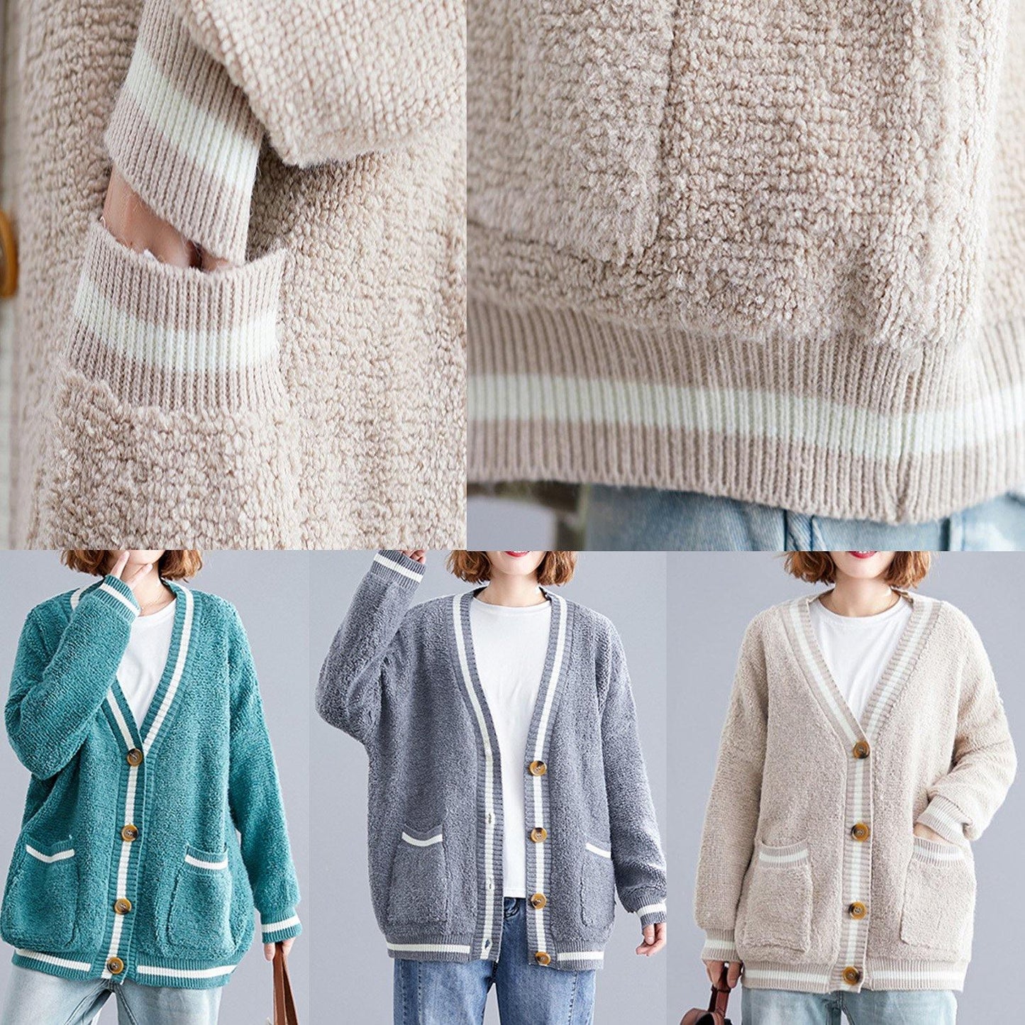 Aesthetic V Neck Beige Knit Outwear Oversized Fall