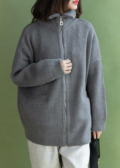 Aesthetic Winter Knitted Coat Gray Zippered