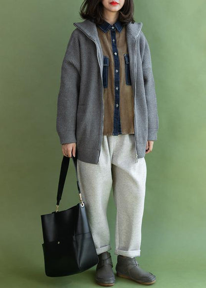 Aesthetic Winter Knitted Coat Gray Zippered