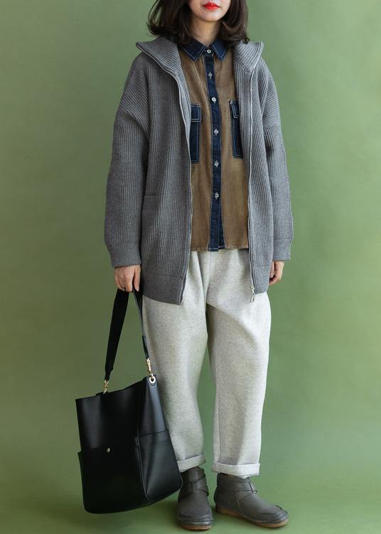 Aesthetic Winter Knitted Coat Gray Zippered