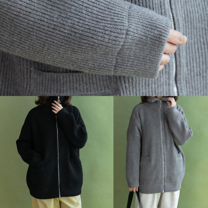 Aesthetic Winter Knitted Coat Gray Zippered