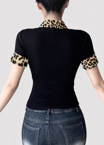 American Leopard Print Peter Pan Collar Patchwork Fake Two T-shirt Summer