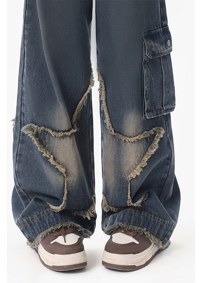 American Retro Design With Star Ruffled Denim Straight Pants Autumn