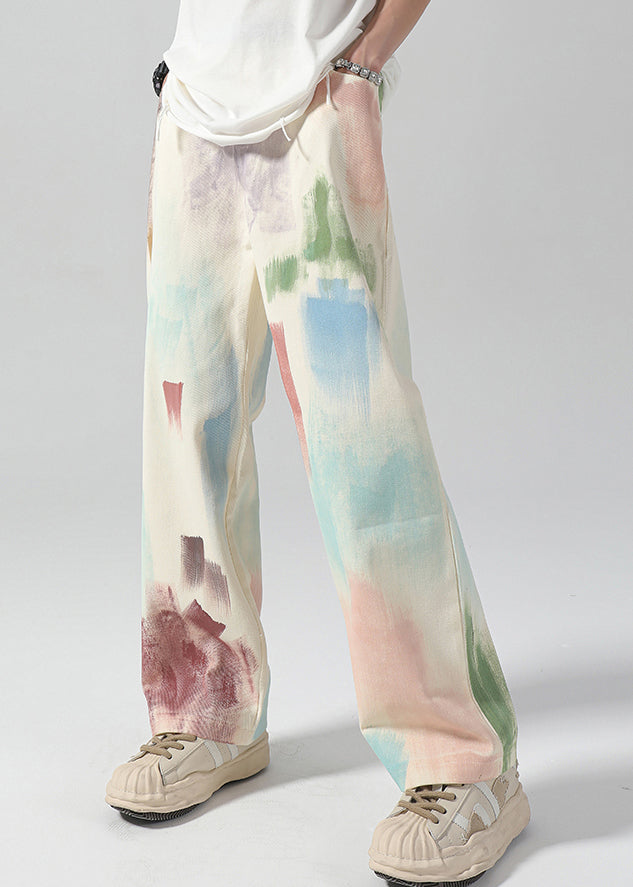 American Style Apricot Spray Painted Denim Straight Leg Pants Fall