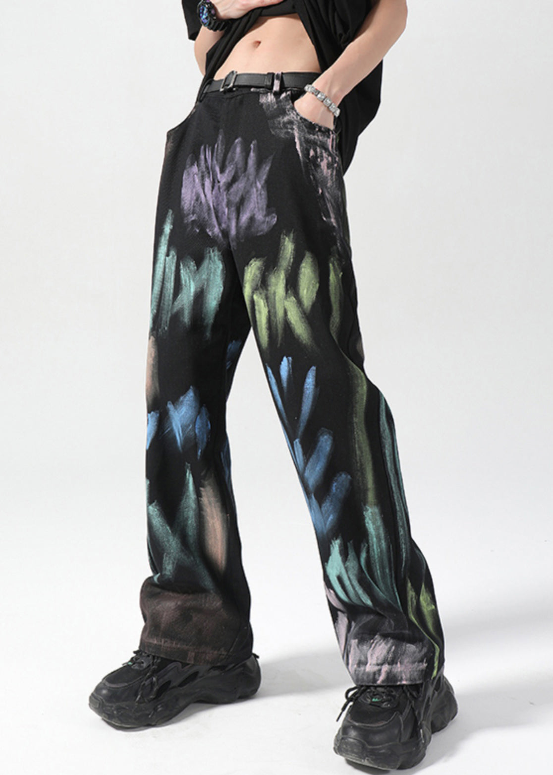 American Style Apricot Spray Painted Denim Straight Leg Pants Fall