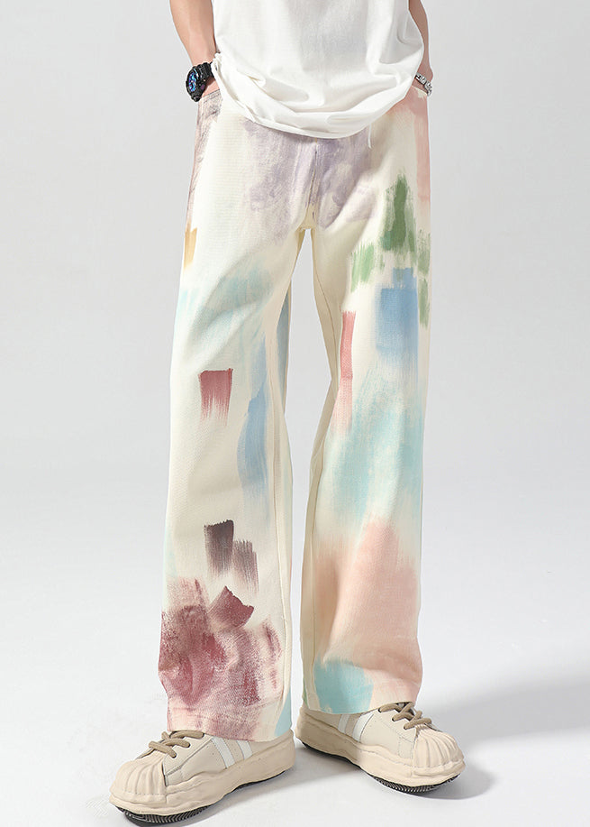 American Style Apricot Spray Painted Denim Straight Leg Pants Fall