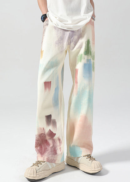 American Style Apricot Spray Painted Denim Straight Leg Pants Fall