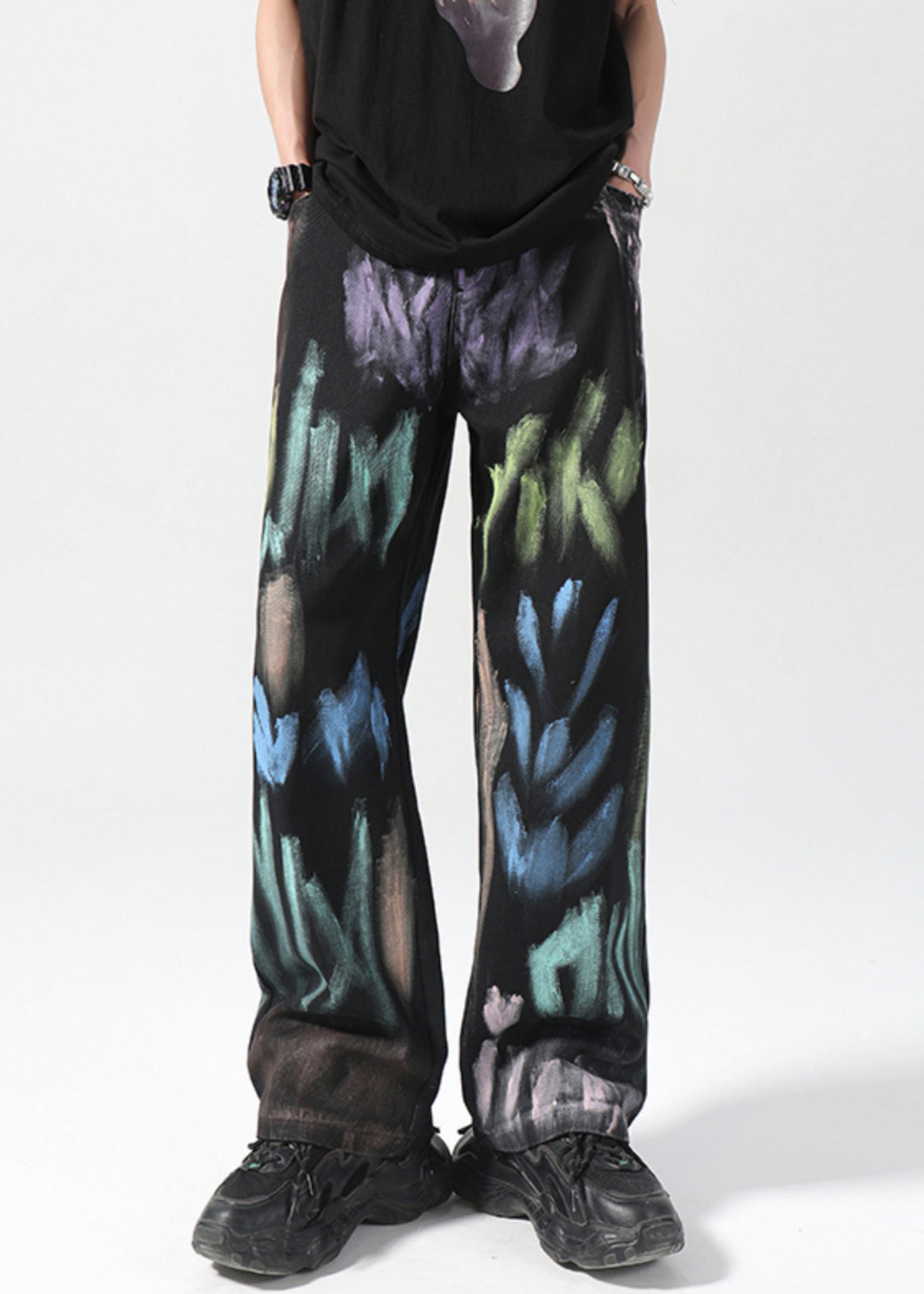 American Style Apricot Spray Painted Denim Straight Leg Pants Fall
