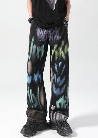 American Style Apricot Spray Painted Denim Straight Leg Pants Fall
