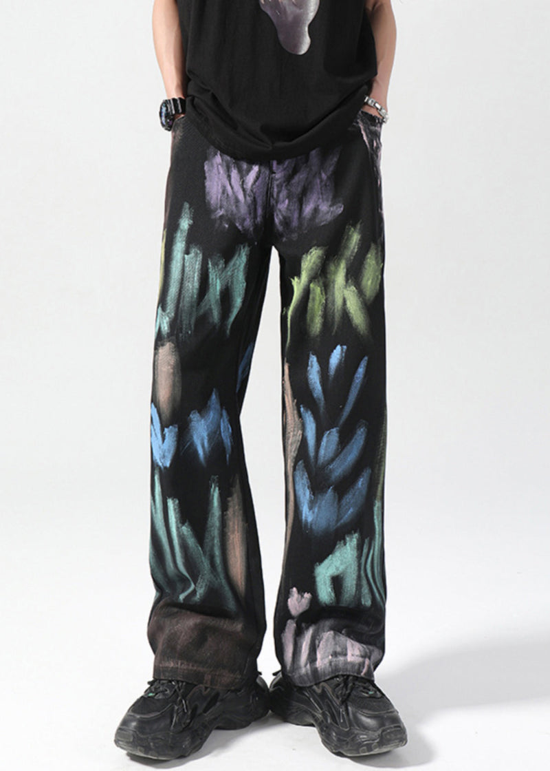 American Style Apricot Spray Painted Denim Straight Leg Pants Fall