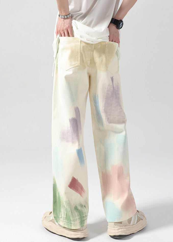 American Style Apricot Spray Painted Denim Straight Leg Pants Fall