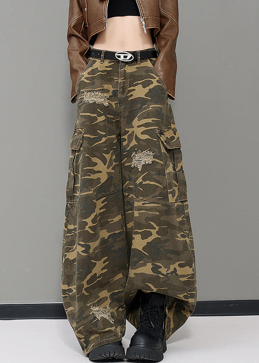 American Style Army Green Camouflage Pockets Denim Wide Leg Pants Fall