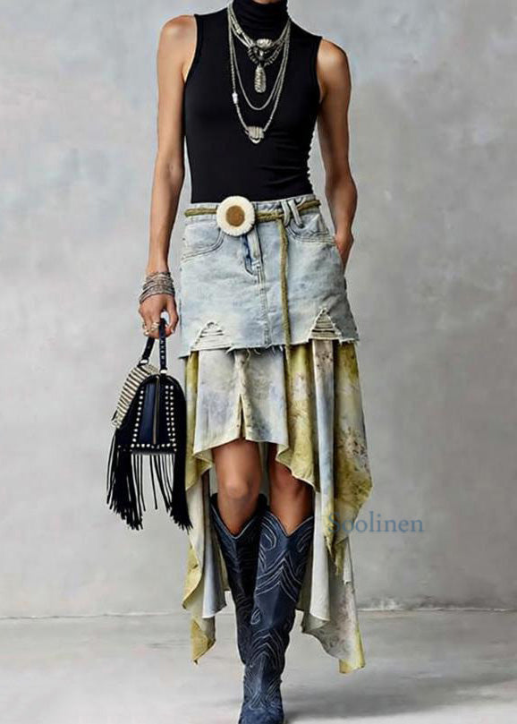 American Style Asymmetrical Tulle Patchwork Denim Skirts Spring
