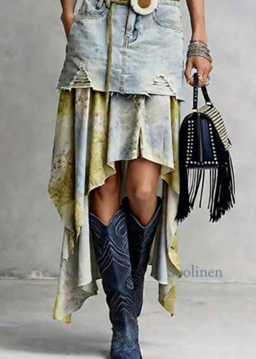 American Style Asymmetrical Tulle Patchwork Denim Skirts Spring