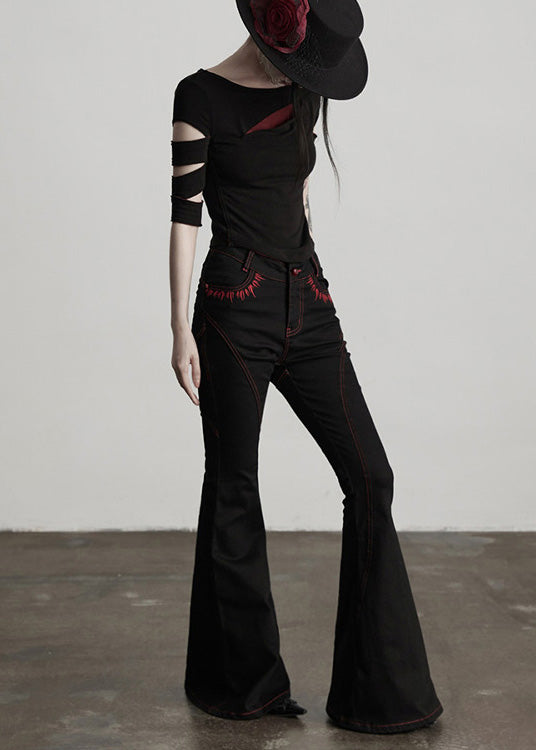 American Style Black Embroidered Pockets Cotton Flared Trousers Spring