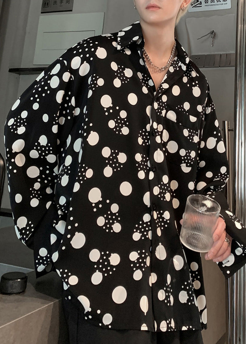 American Style Black Print Hawaiian Shirts Long Sleeve