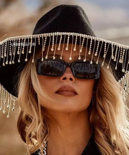 American Style Black Tassel Woolen Cowboy Hat