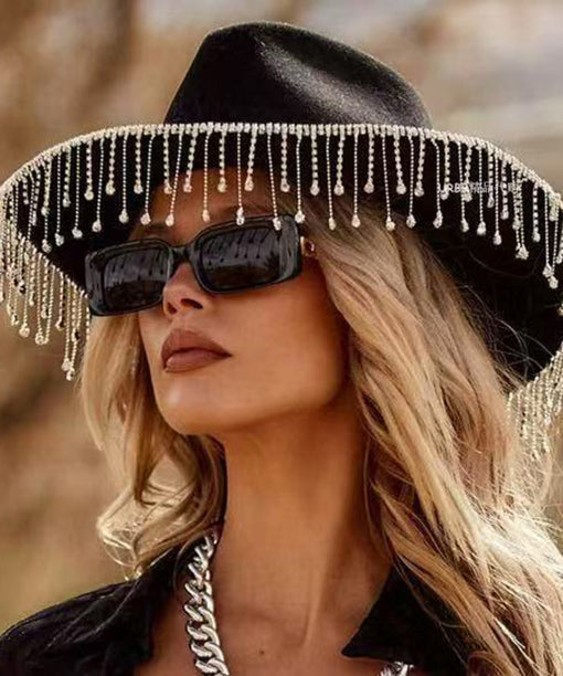 American Style Black Tassel Woolen Cowboy Hat