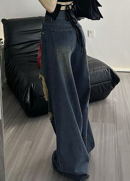 American Style Blue High Waist Ripped Denim Wide Leg Pants Fall