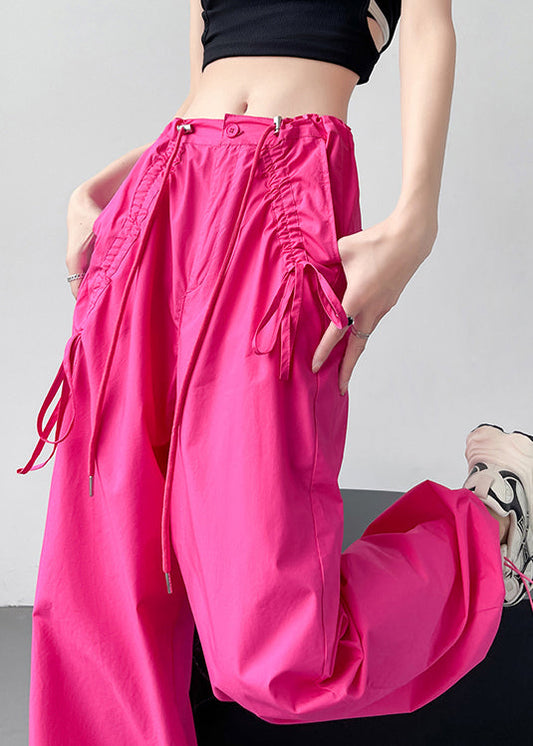 American Style Rose Pockets Drawstring Cotton Pants Spring