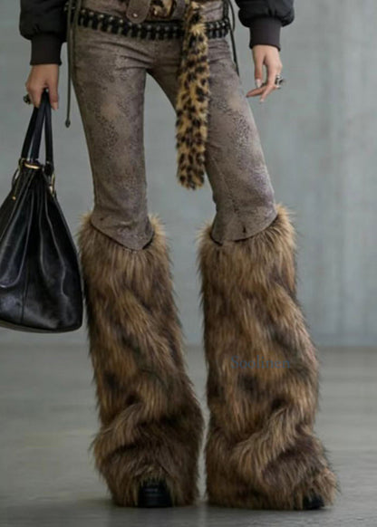 American Style Fuzzy Fur Patchwork Denim Flared Trousers Spring