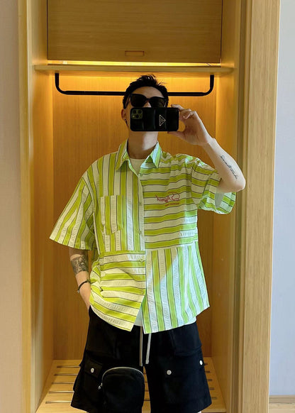 American Style Green Striped Patchwork Cotton Shirts Summer