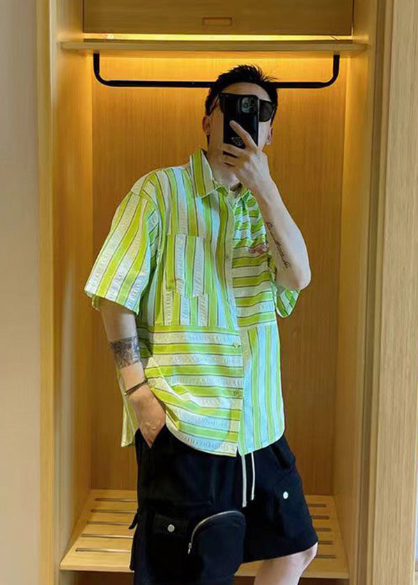 American Style Green Striped Patchwork Cotton Shirts Summer