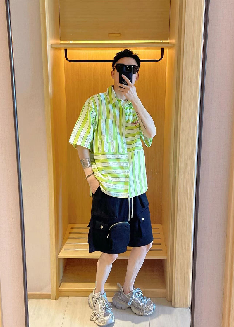 American Style Green Striped Patchwork Cotton Shirts Summer