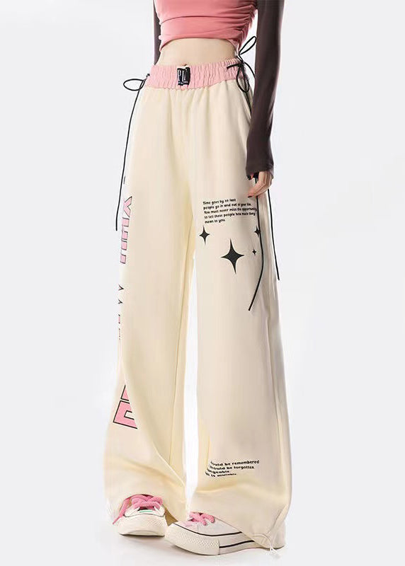 American Style Apricot Graphic Drawstring Cotton Straight Pants Spring
