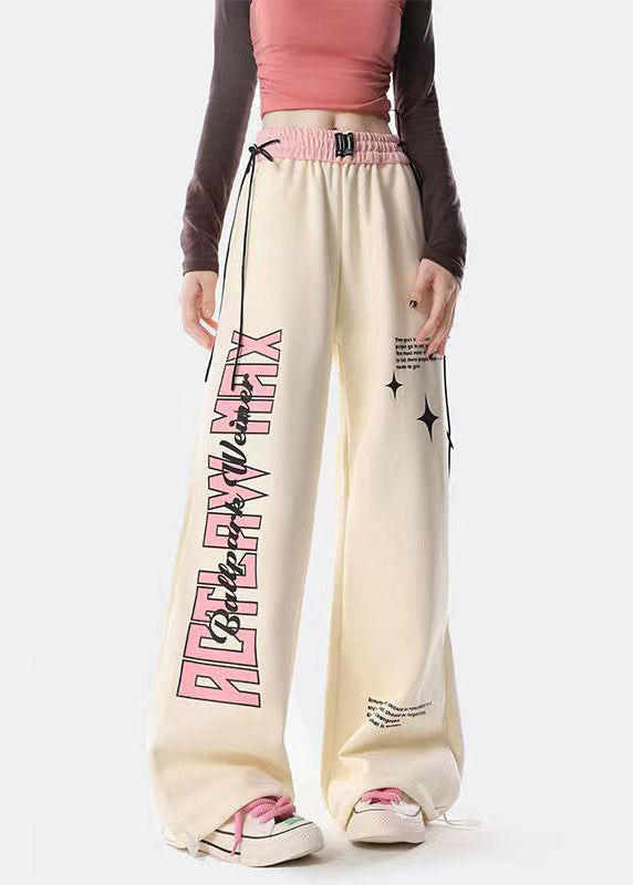 American Style Apricot Graphic Drawstring Cotton Straight Pants Spring