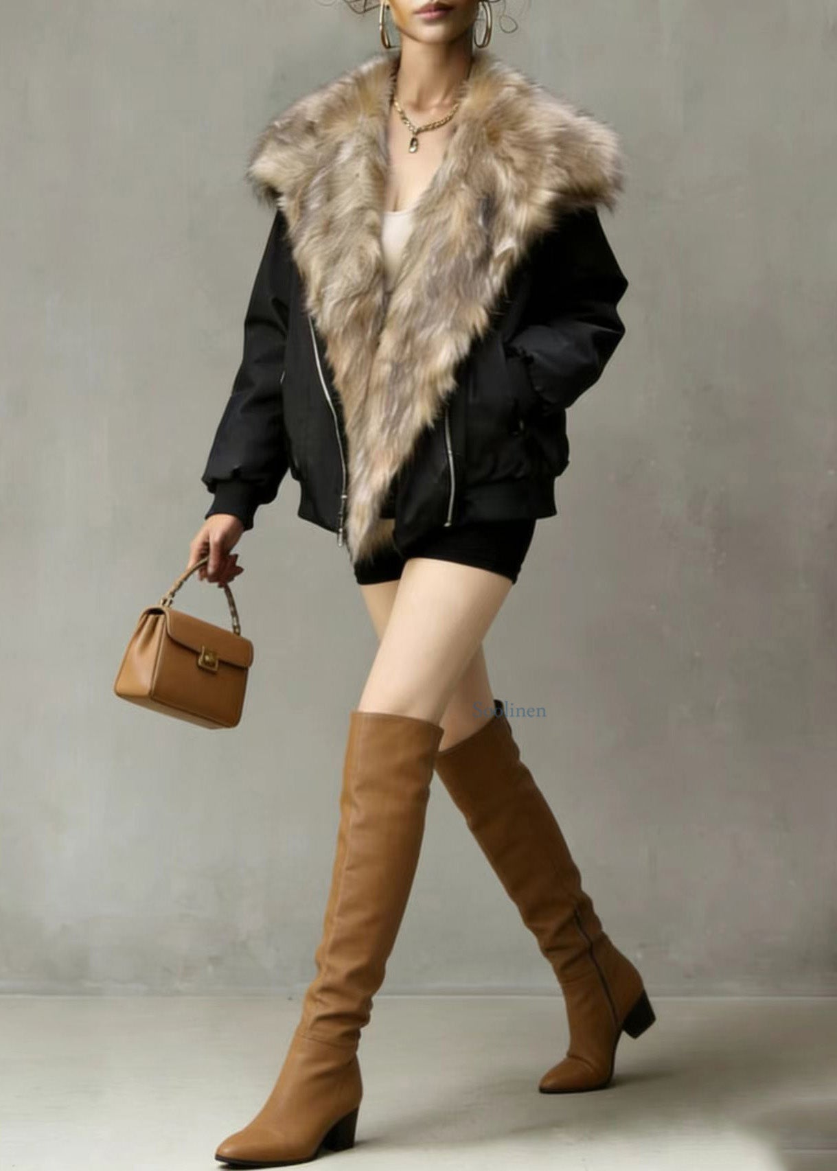 American Style Fuzzy Fur Patchwork Fine Cotton Filled Coat Winter