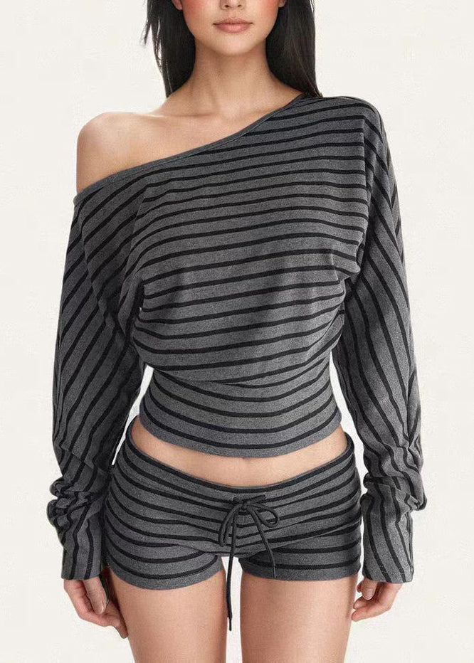 American Style Striped T-shirt Top and Shorts Two-piece Set Autumn