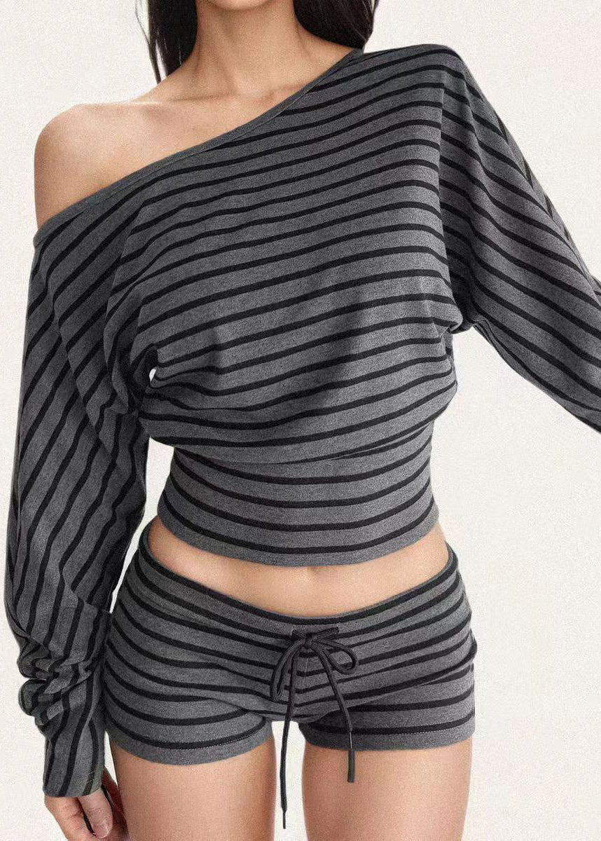 American Style Striped T-shirt Top and Shorts Two-piece Set Autumn