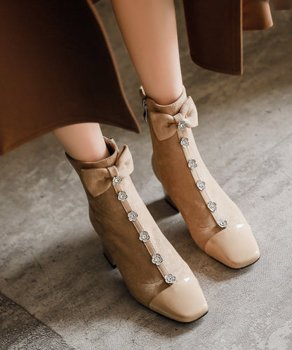 Apricot Bow Zircon Classy Splicing Chunky Boots