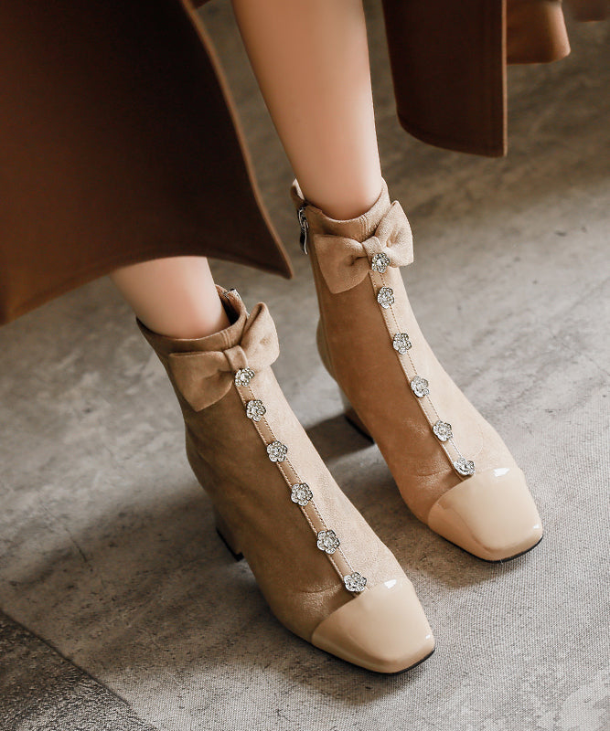 Apricot Bow Zircon Classy Splicing Chunky Boots