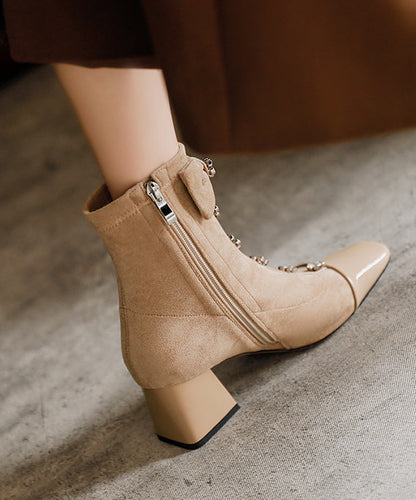 Apricot Bow Zircon Classy Splicing Chunky Boots