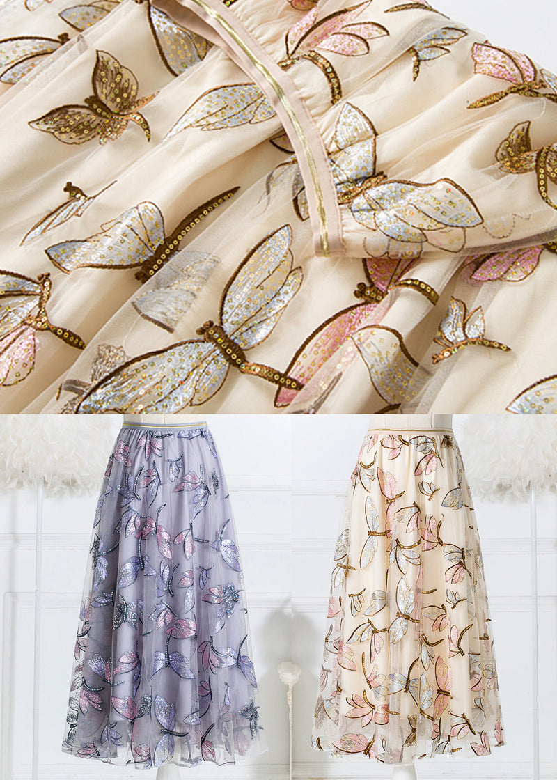 Apricot Butterfly High Waist Tulle Skirts Embroidered Spring