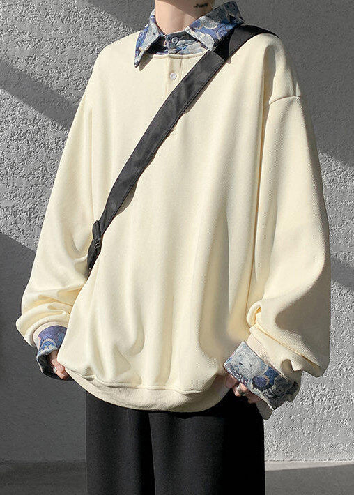 Apricot Button False Two Pieces Woolen Sweatshirt Peter Pan Collar Spring