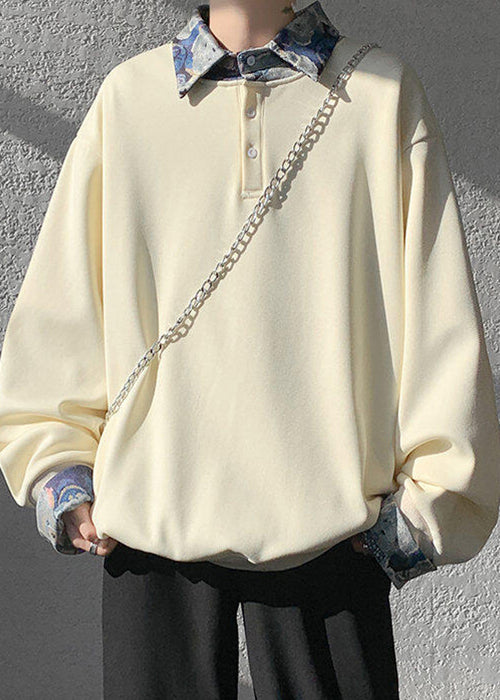 Apricot Button False Two Pieces Woolen Sweatshirt Peter Pan Collar Spring
