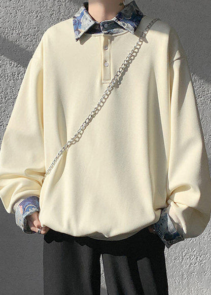 Apricot Button False Two Pieces Woolen Sweatshirt Peter Pan Collar Spring