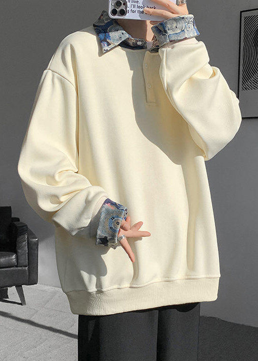 Apricot Button False Two Pieces Woolen Sweatshirt Peter Pan Collar Spring