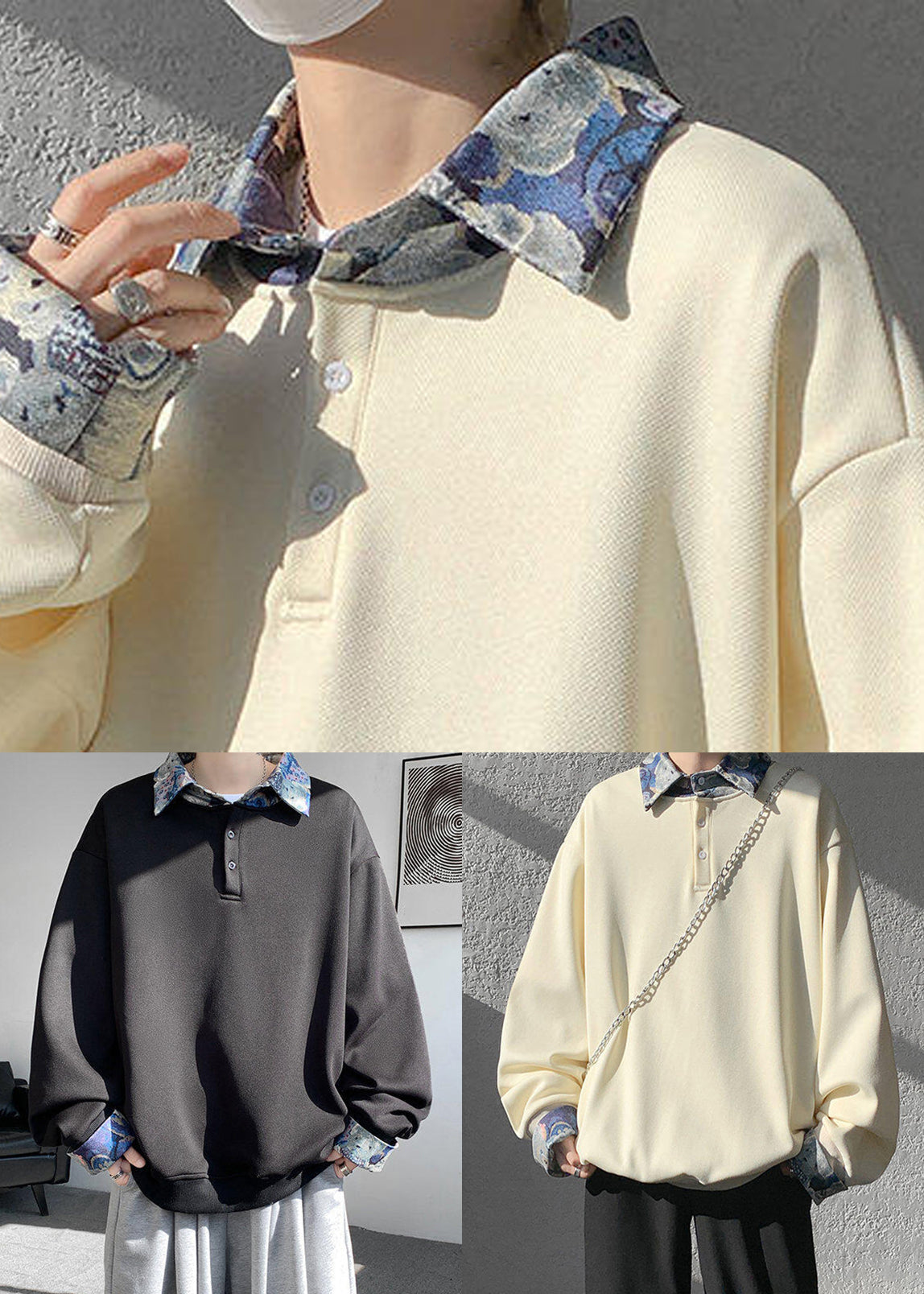 Apricot Button False Two Pieces Woolen Sweatshirt Peter Pan Collar Spring