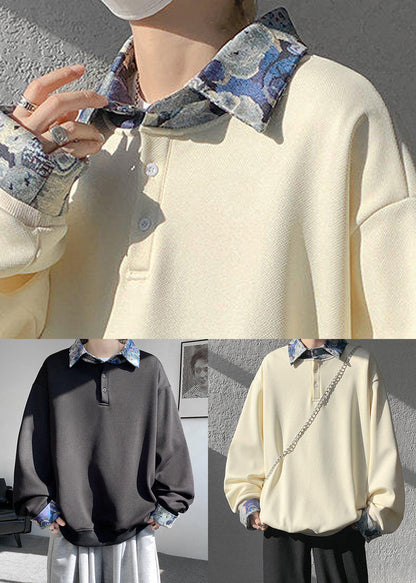 Apricot Button False Two Pieces Woolen Sweatshirt Peter Pan Collar Spring
