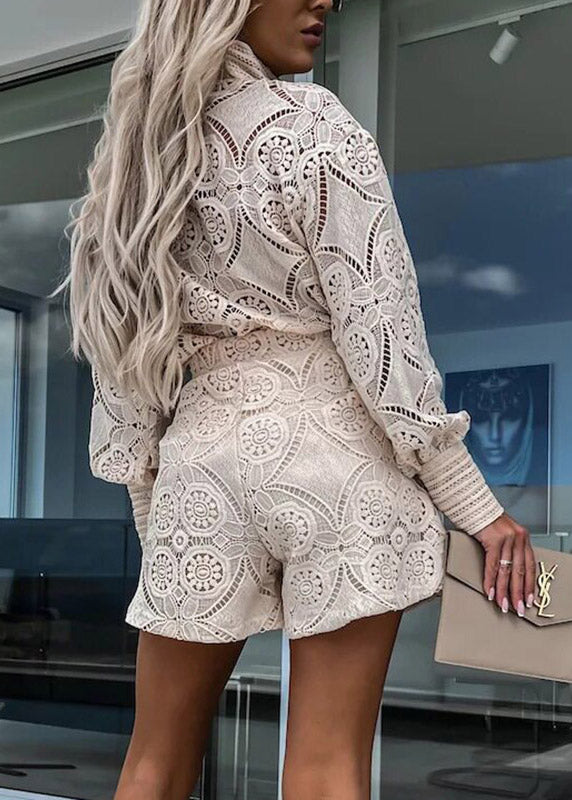 Apricot Button Lace Shirts and Shorts Two Piece Set Spring