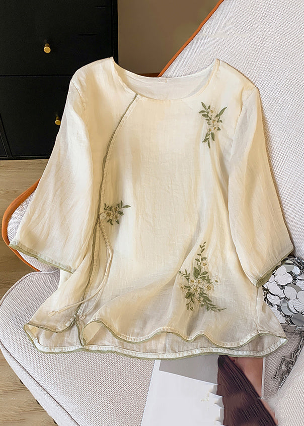 Apricot Button Tasseled Cotton Shirt Embroidered Spring